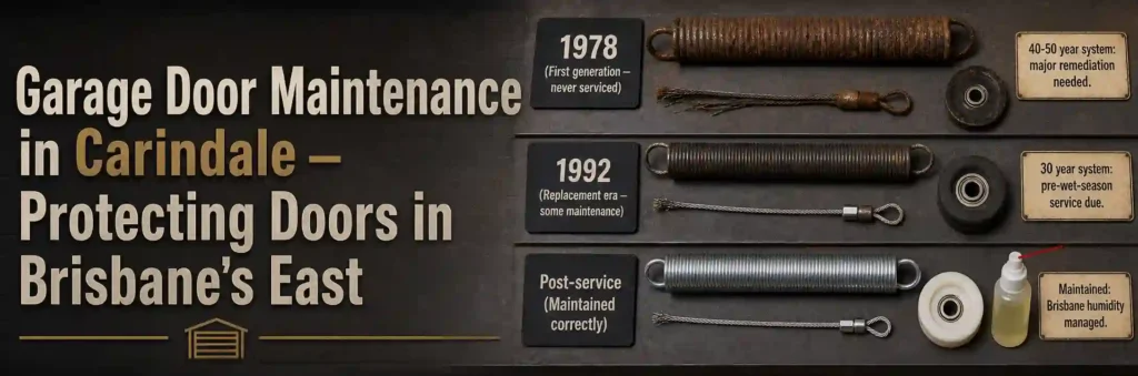 Garage door maintenance in Carindale Brisbane, showing garage door springs, cables, and rollers at different stages of wear and servicing.