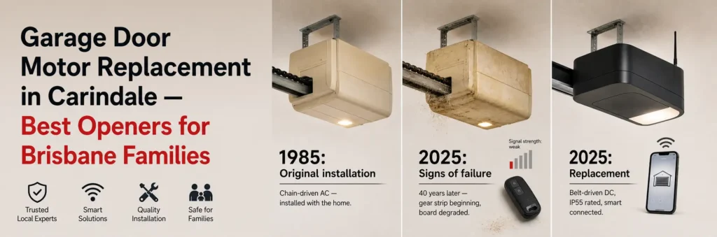 Garage door motor replacement in Carindale Brisbane, comparing an ageing chain-driven opener with a modern smart-connected garage door motor.