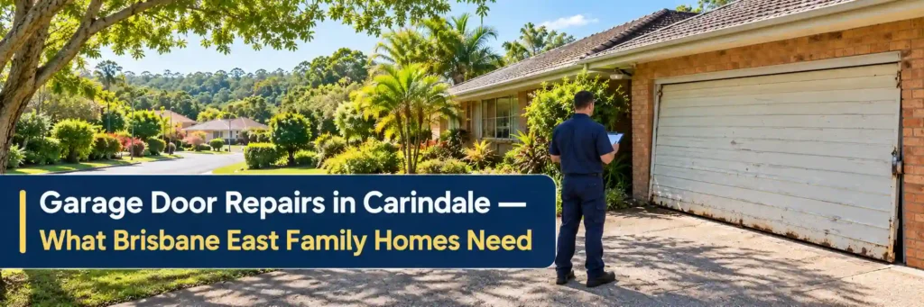 Garage door repairs in Carindale Brisbane featuring a technician inspecting an ageing garage door at a suburban family home.