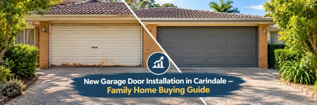 New garage door installation in Carindale Brisbane, comparing an ageing garage door with a modern charcoal sectional door on a suburban family home.