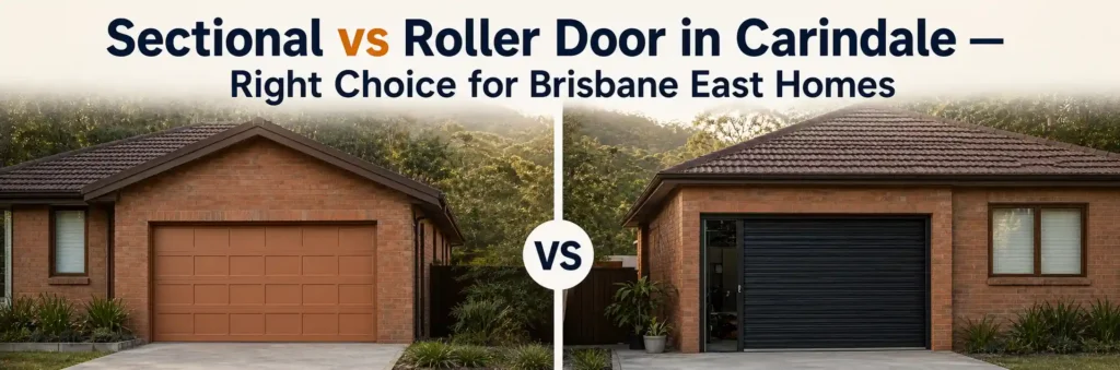 Sectional vs roller garage door in Carindale Brisbane, comparing a brown sectional door and a black roller door on suburban brick homes.